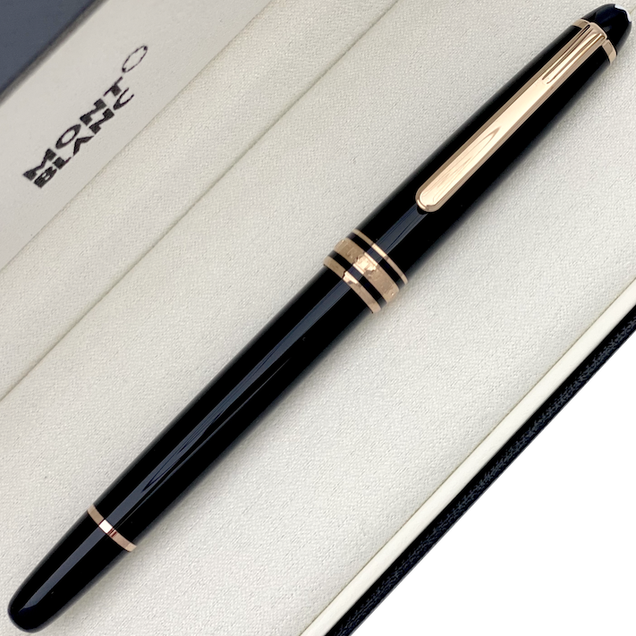 schwarzer Montblanc Rollerball mit rot gold beschichteten Beschlägen und Clip, geschlossen